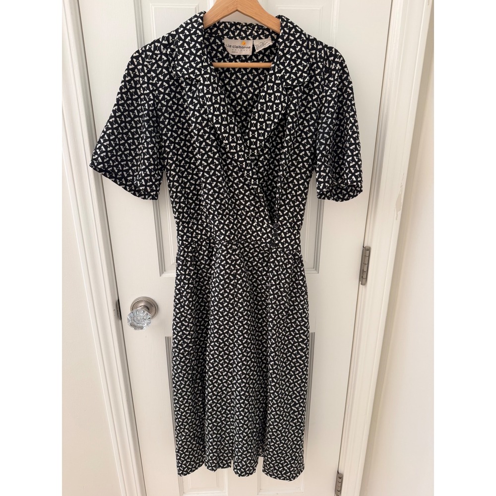 Vintage Liz Claiborne Geometric Print Faux Wrap Dress Black White Size 6P Work
